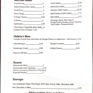 Sides, Salads, Children's Menu, and Beverages