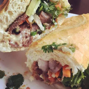 Bahn Mi: Bo Nuong- grilled beef (top), Heo Quay- roasted pork (bottom)