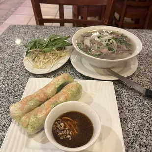 Meatball pho and shrimp roll