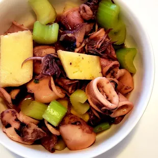 Calamari with celery and fresh pineapple