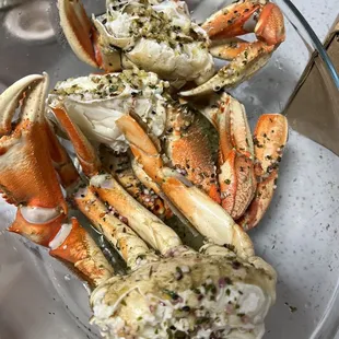 Fresh Dungeness crab bought live and cleaned. Made my special vegan garlic butter sauce.
