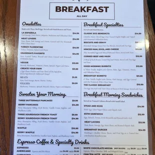 Breakfast and Espresso drinks Menu