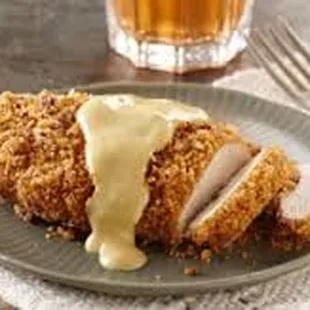 Pecan crusted chicken with a creamy honey mustard sauce.