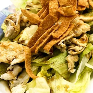 Chinese Chicken Salad- Our Chinese Chicken Salad is mixed with oven toasted chicken tossed with wonton crisps in a tangy red ginger dressing