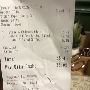 Receipt from my shrimp salad