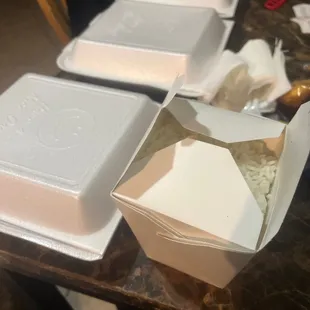 2 main courses one side of rice and the appetizers.