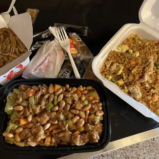 Chicken fried rice, Kung PSO chicken, egg rolls, fortune cookies, lots of sauce packets