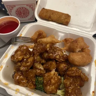 Orange Chicken. Sweet and sour chicken! Side of fried rice (in box) Egg rolls come separate, 2 per order!