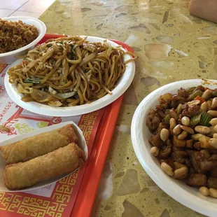 Fried rice, Chicken Low mein, egg rolls and King Pao Chicken.