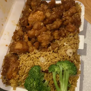 a takeout box with rice, broccoli and chicken