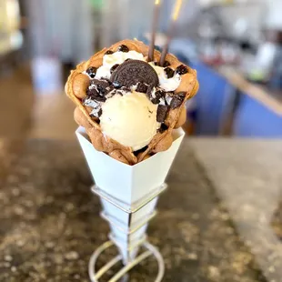 Cookie and Cream Cone: Ice cream, oreos, tapioca, and pocky sticks.