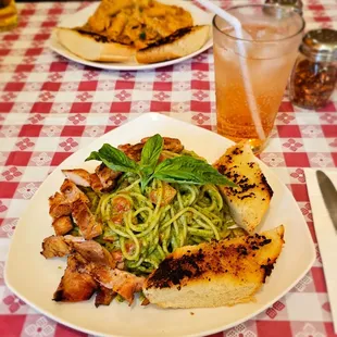 Spaghetti al Pesto with (super yummy) chicken and garlic bread from the new Friday/Saturday nights menu.