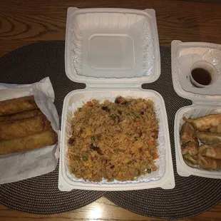 Egg rolls, pork fried rice, gyoza