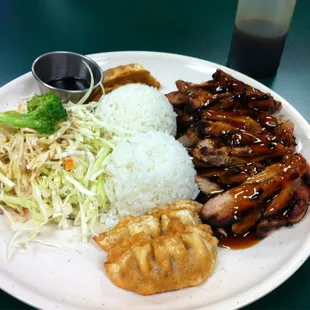 Teriyaki chicken and gyoza meal.