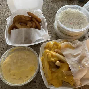 Sides: onion rings, mac and cheese, cheese fries, cole slaw
