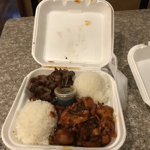 two take out containers with rice and meat