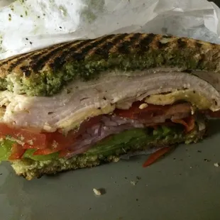 Half of The Sounder (pesto, gouda), plus tomatoes and peppers. Tastes as good - and is as large - as it looks.