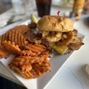 Bacon Cheddar BBQ Burger / Sweet Potato Fries