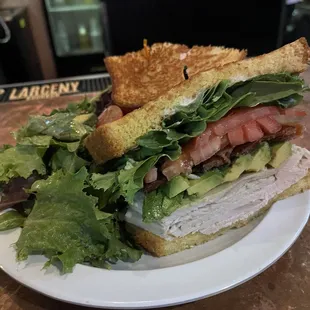 House roasted turkey with bacon, avocado L&amp;T with tasty side salad.