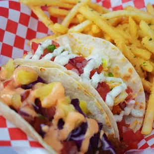 two tacos and french fries
