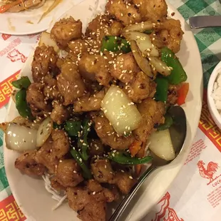 Spicy Diced Chicken - lightly breaded and very flavorful - $10.95