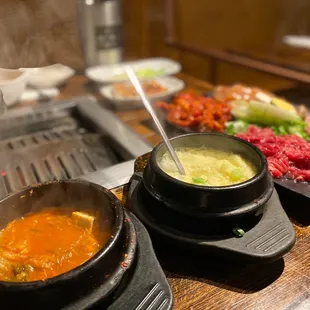 Kimchee soup, egg omelette, meat combo 2