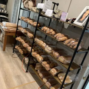 bread and pastries on shelves