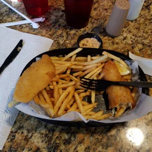 Excellent fish and chips fried cod and french fries that are piping hot $9.49