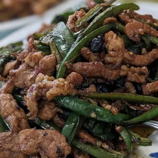 a plate of stir fried green beans and meat