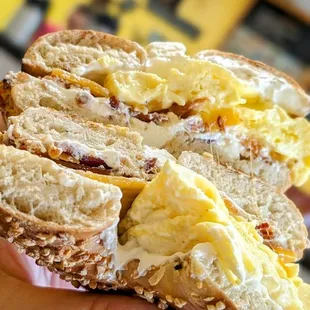 Bacon, egg and cheddar on a double toasted garlic bagel... Add cream cheese
