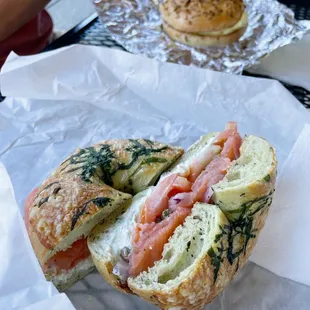 Smoked Salmon &amp; Scallion Cream Cheese on Spinach Swiss Bagel