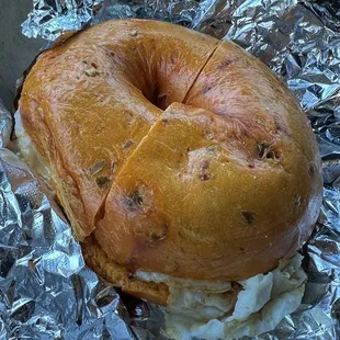 Breakfast sandwich on jalapeño bagel