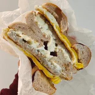 Sausage, egg, and cream cheese bagel