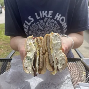 Everything bagel with sausage, egg, Swiss, and bacon scallion