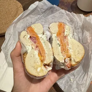 Lox &amp; Chive Cream Cheese sandwich (added tomato and red onion) in all its beauty and glory