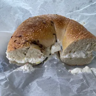 Caraway bagel with Olive Hot Pepper cream cheese