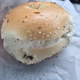 Everything bagel with a generous schmear of lox and chive cream cheese