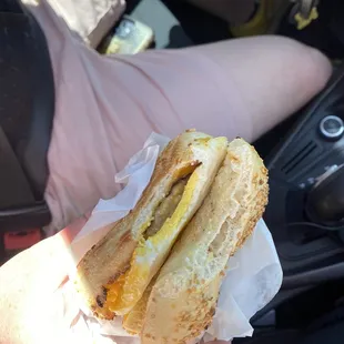 Garlic bagel breakfast sandwich