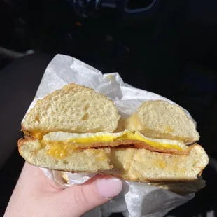 Breakfast bagel with bacon on a Parmesan bagel