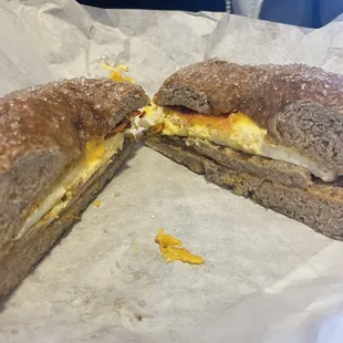 French Toast Bagel Champ style with sausage and bacon