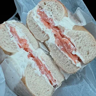 Cream cheese Lox Sandwich on a rosemary salt bagel