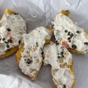 Egg bagel with lox cream cheese. Hardly any lox at all.