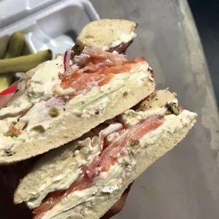 Lox sandwich on bialy bagel ~11$ delicious n so filling. Asked for pickle instead of slaw. Def the better choice