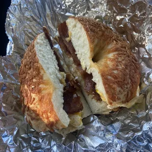 Bacon egg and cheese on Asiago bagel