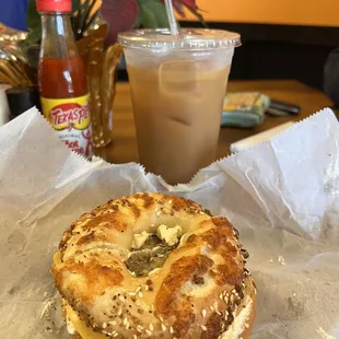 Breakfast bagel and cold brew