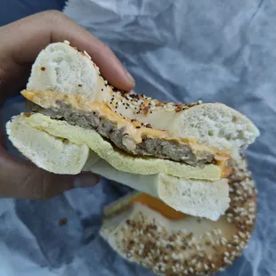 Sausage egg and cheese on everything bagel