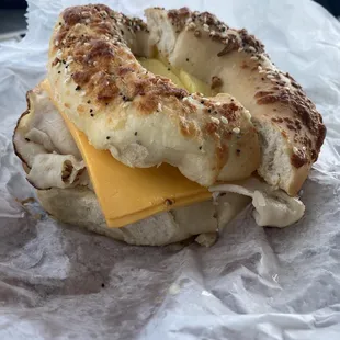 Egg, Cheese, and Turkey on Cheese Everything Bagel