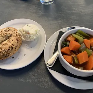 Everything bagel with veggie cream cheese and a cup of Vegetable Soup