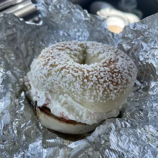 Salt bagel with lox cream cheese