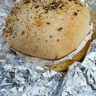  bagel sandwich wrapped in aluminum foil